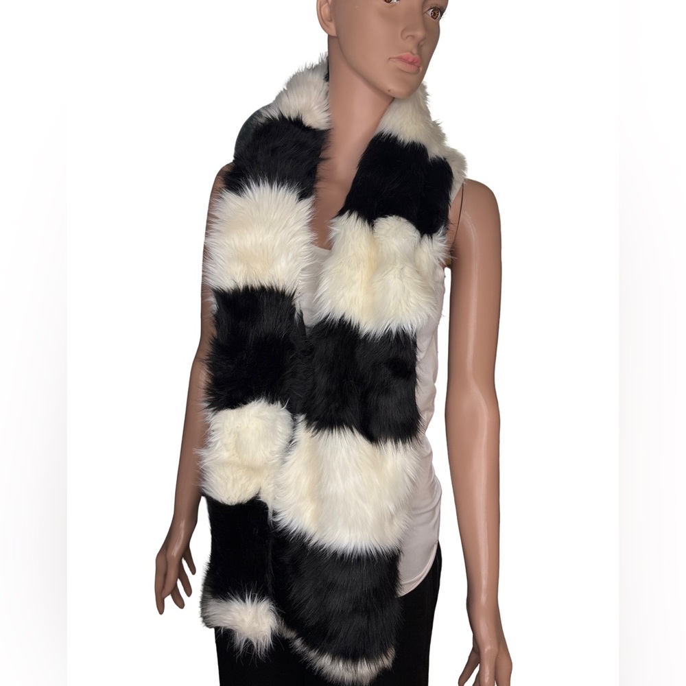 H&M Black White Faux Fur Striped Scarf Stole 10x64 - Picture 2 of 8